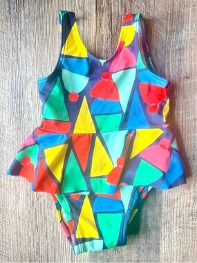 Hanna Andersson Baby Swimsuit 3-6M Colorful Geometric Print Peplum One Piece